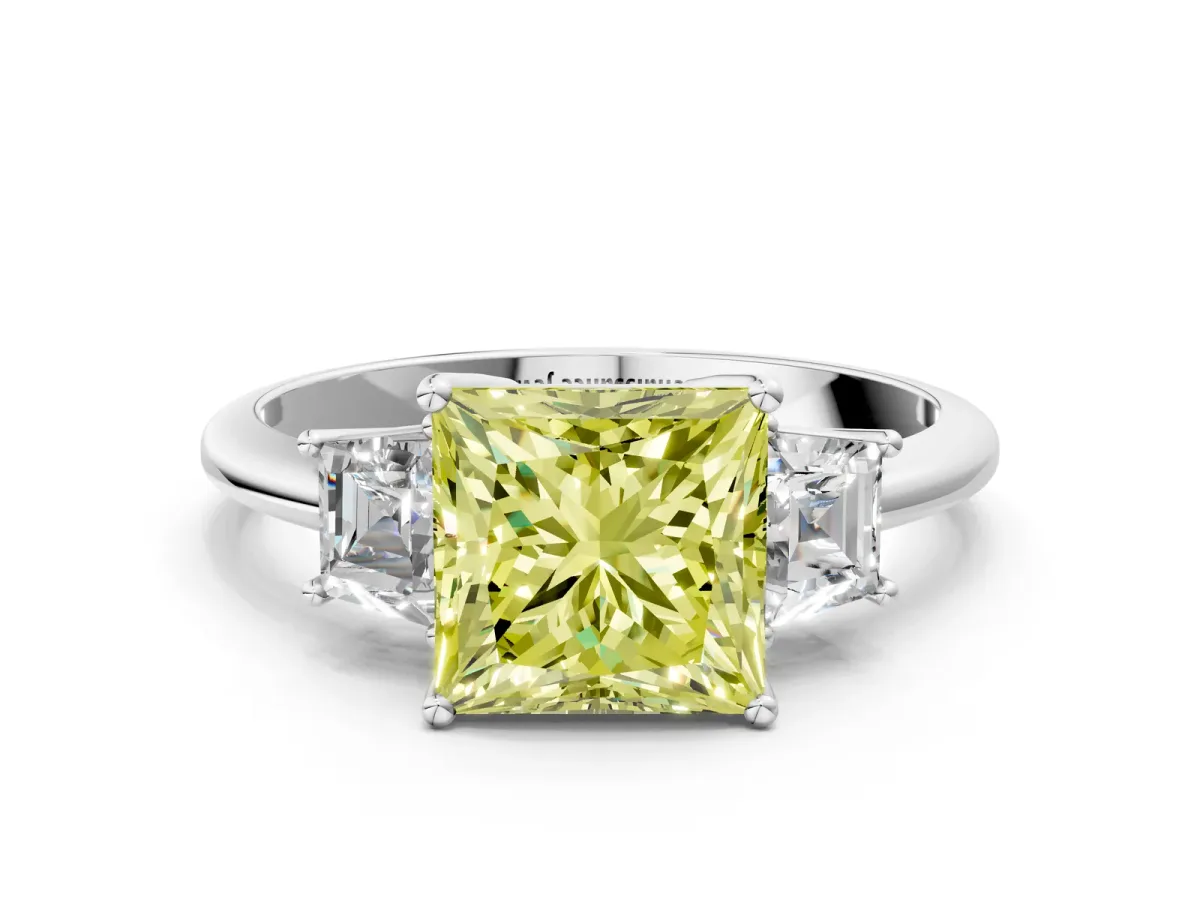 Fancy Yellow Princess Cut Diamond Three-Stone Ring with Trapezoid Side Stones and Prong Setting Silver