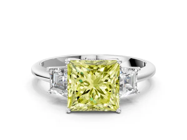 Fancy Yellow Princess Cut Diamond Three-Stone Ring with Trapezoid Side Stones and Prong Setting Platinum