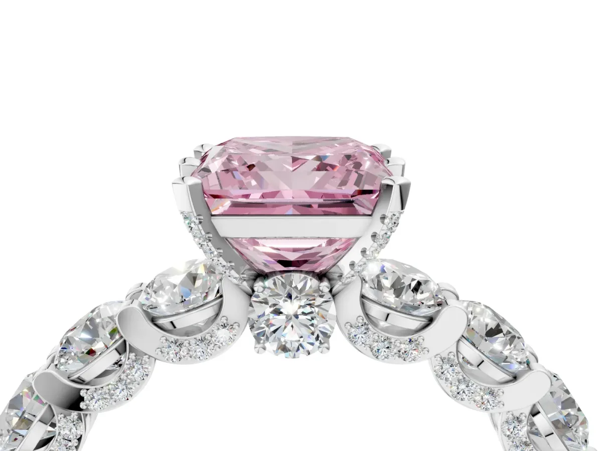 Fancy Pink Princess Cut Diamond Side Stone Engagement Ring with Four-Prong Setting Platinum