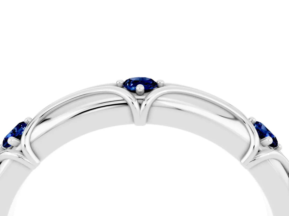 Round Blue Sapphire Prong Set Milgrain Eternity Band Silver