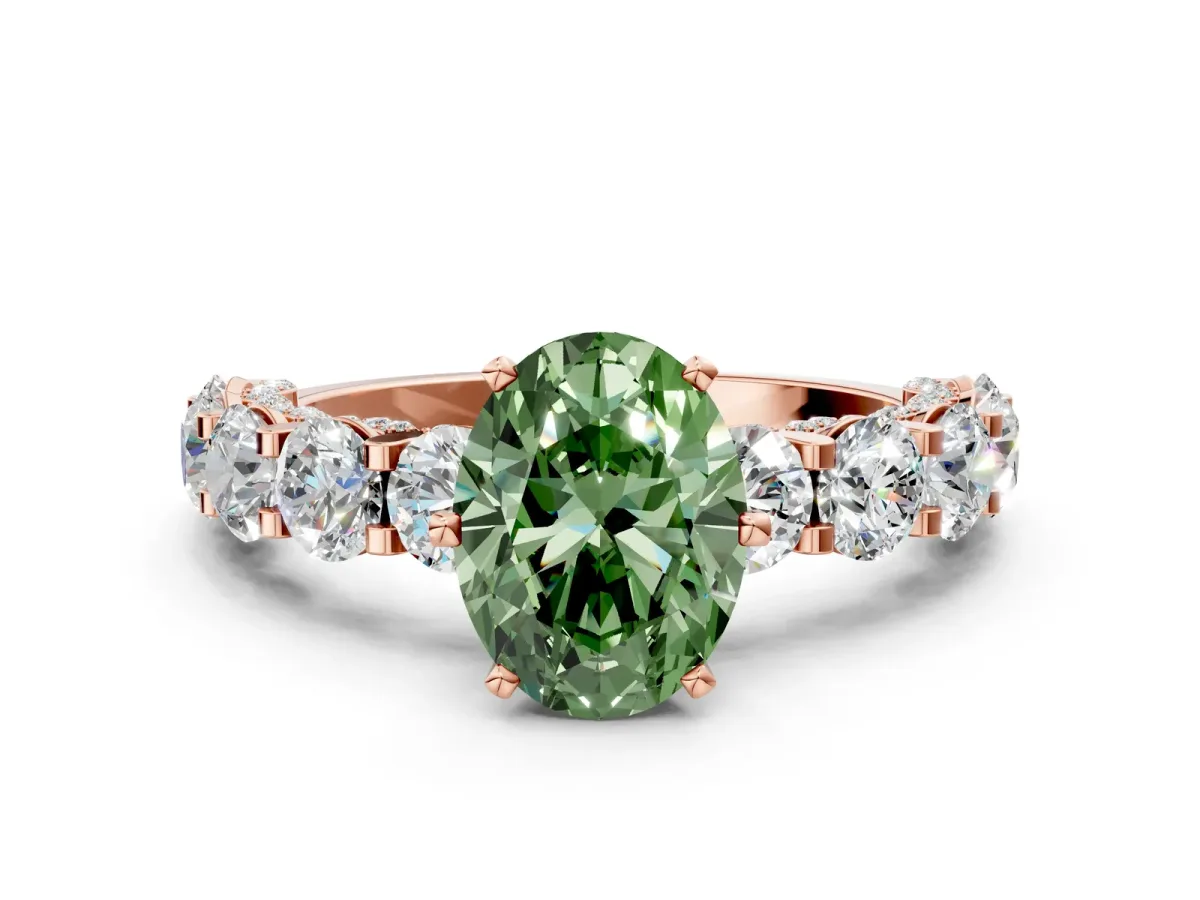 Fancy Green Oval Cut Diamond Side Stone Engagement Ring with Four-Prong Setting Rose gold
