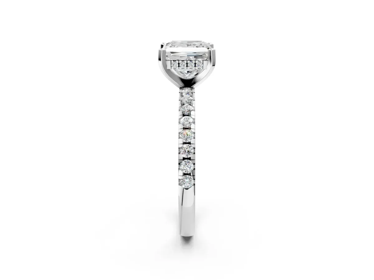 Princess Cut Diamond Solitaire Ring with Round Pavé Band and Four-Prong Setting Silver