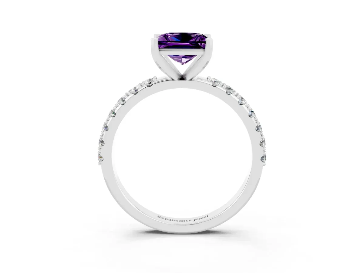 Princess Cut Amethyst Solitaire Pavé Band with Four-Prong Setting Silver
