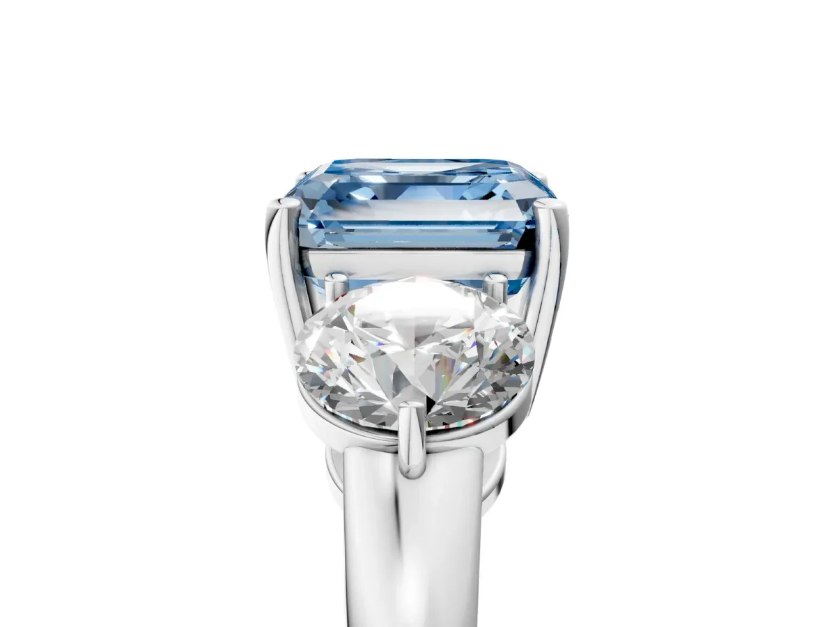 Fancy Blue Asscher Cut Diamond Three-Stone Ring with Prong Setting and Classic Band Platinum