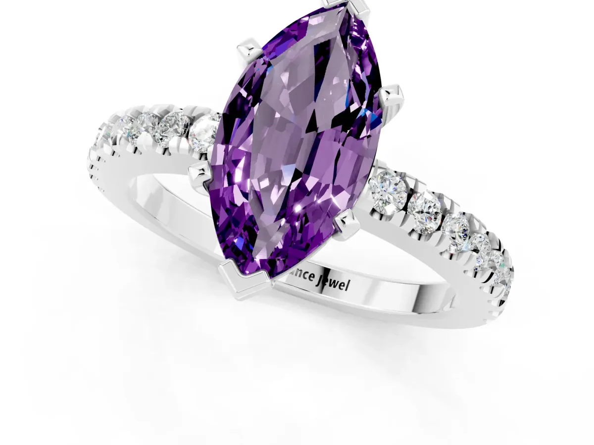 Marquise Cut Solitaire Amethyst with Pavé Band and Four-Prong Setting Silver