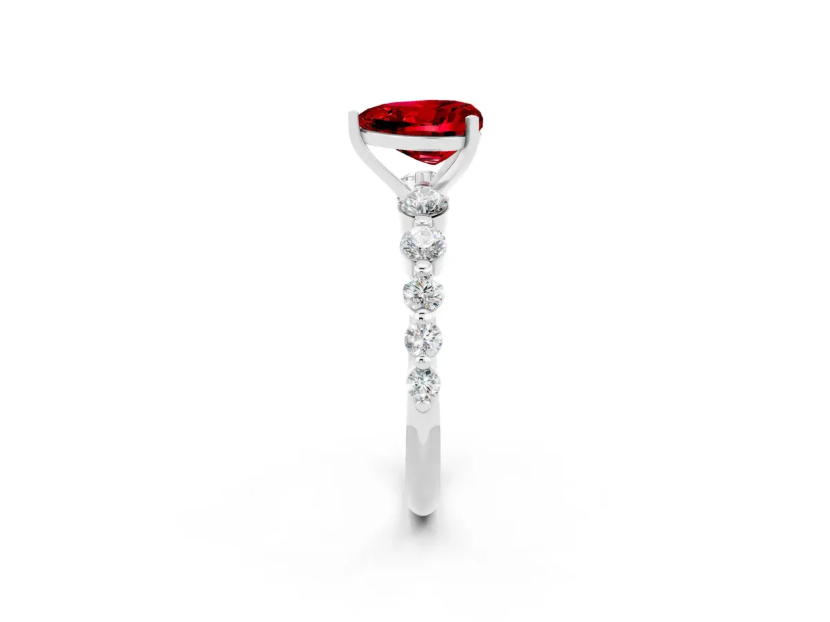 Heart Cut Solitaire Ruby Ring with Pave Band and Four-Prong Setting Silver