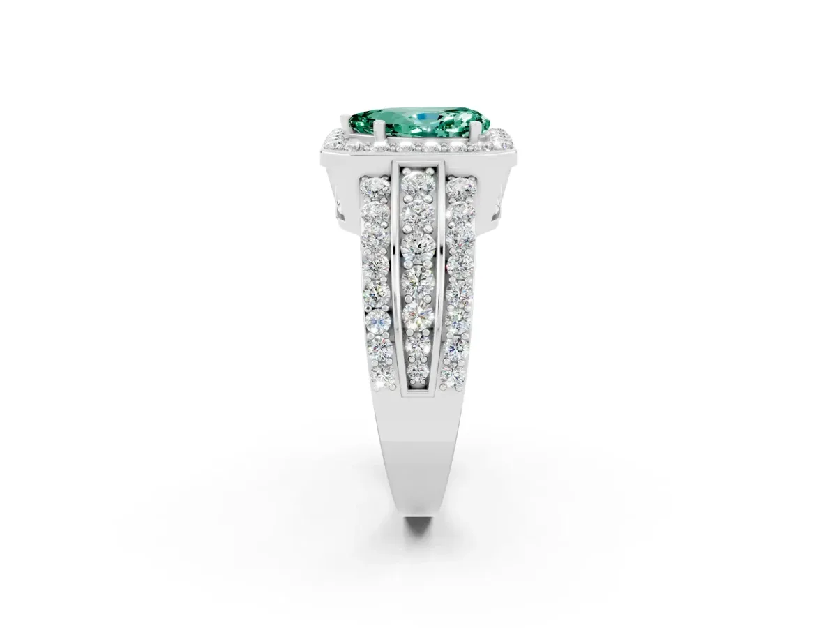 Pear Cut Halo Green Sapphire Ring with Round Split Shank and Prong Setting Silver