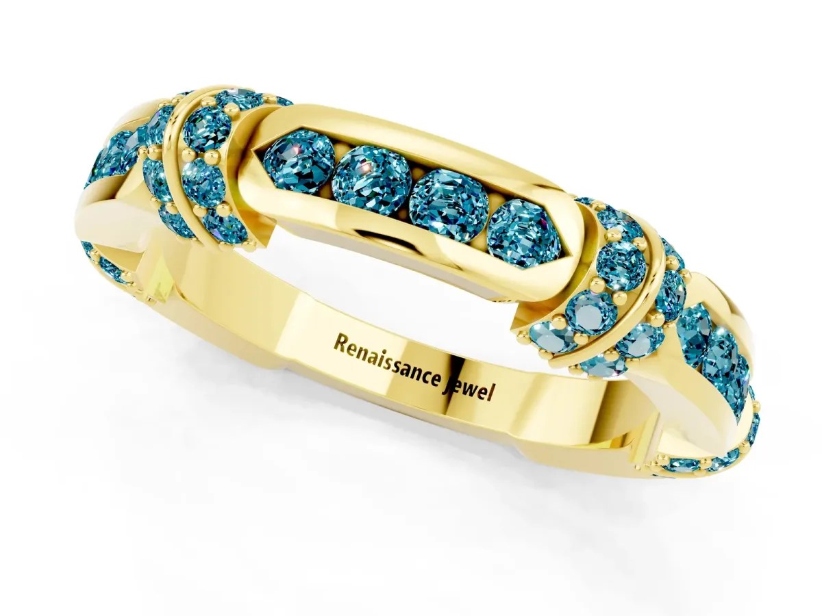 Pavé Round Blue Topaz Link Band with Bezel Setting Yellow gold