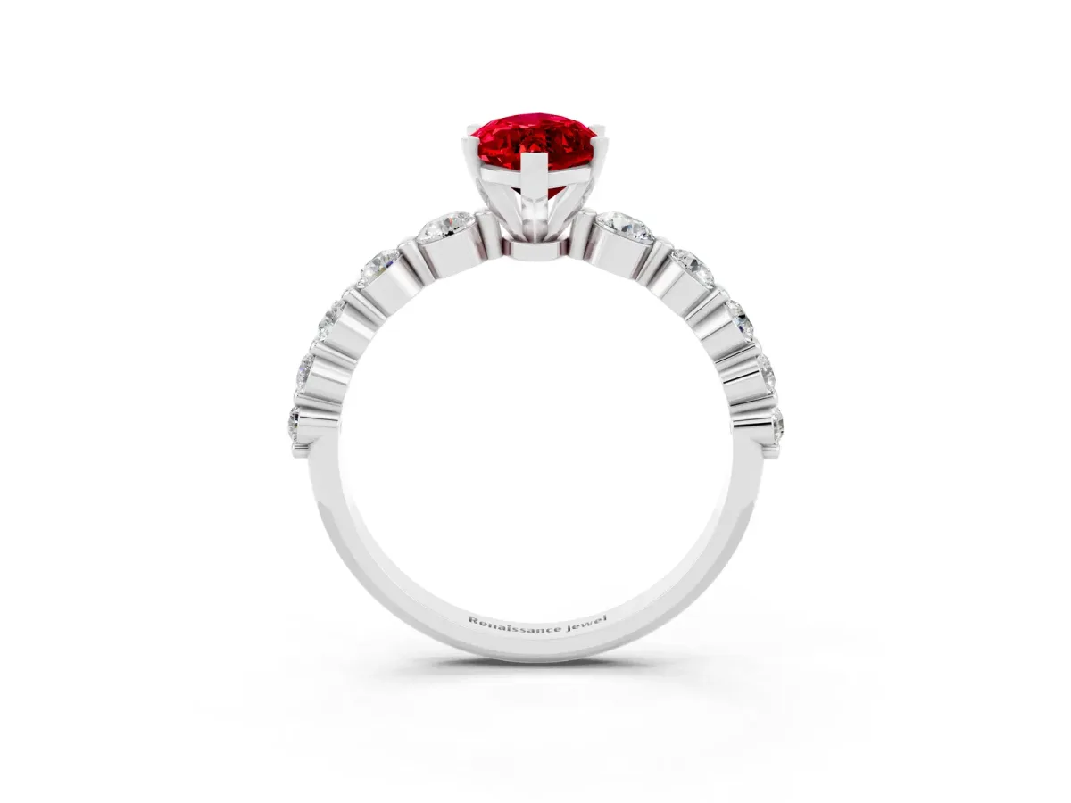 Marquise Cut Solitaire Ruby Ring with Pave Band and Four-Prong Setting Silver
