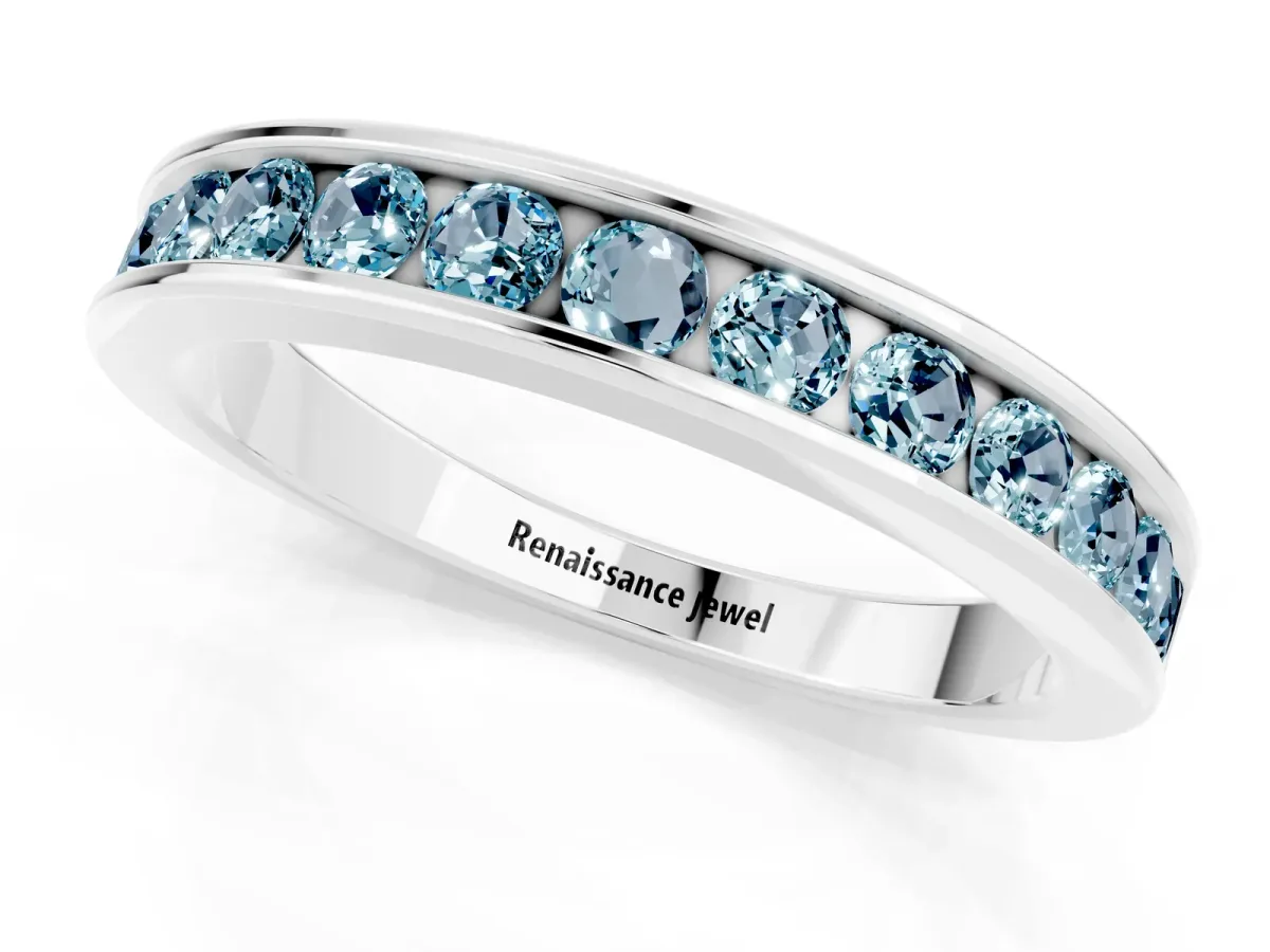 Channel Set Round Aquamarine Eternity Band Platinum