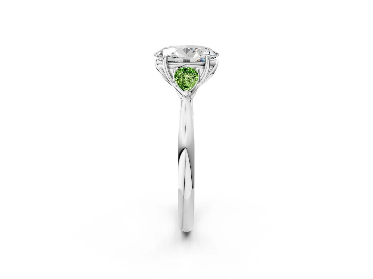 Oval Cut Diamond Three-Stone Ring with Pear Peridot Side Stones and Prong Setting Silver