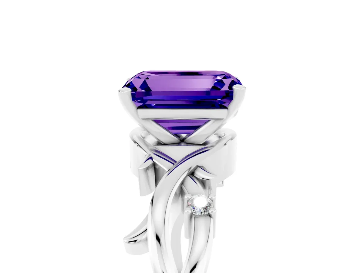 Emerald Cut Tanzanite Solitaire Ring with Twisted Band and Prong Setting Silver