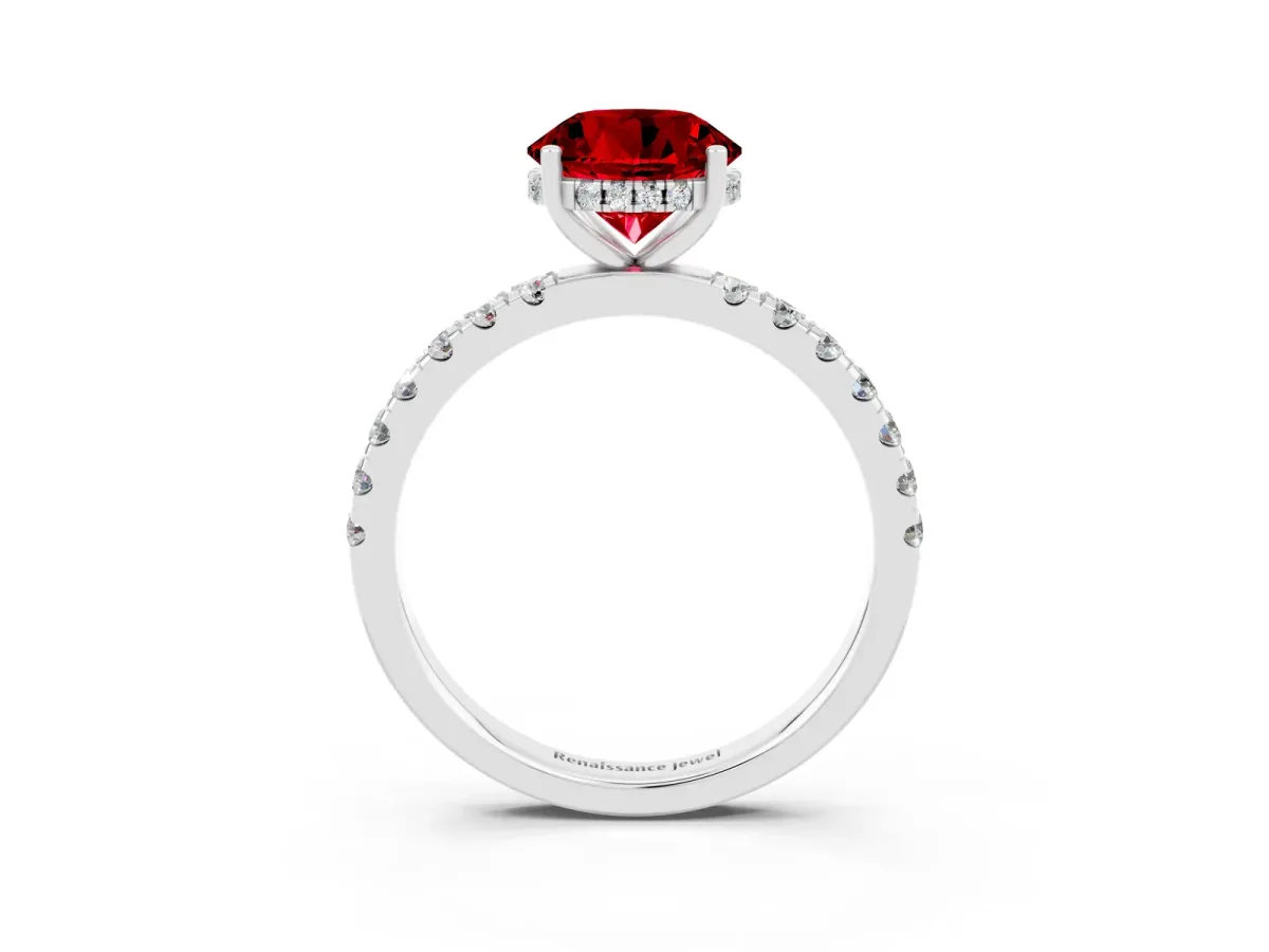 Round Cut Ruby Pave Band Solitaire Ring with Round and Prong Setting Platinum