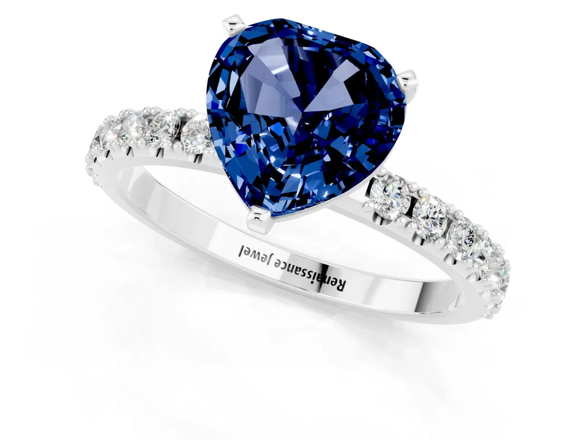 Heart Cut Blue Sapphire Solitaire Pavé Band with Four-Prong Setting Silver