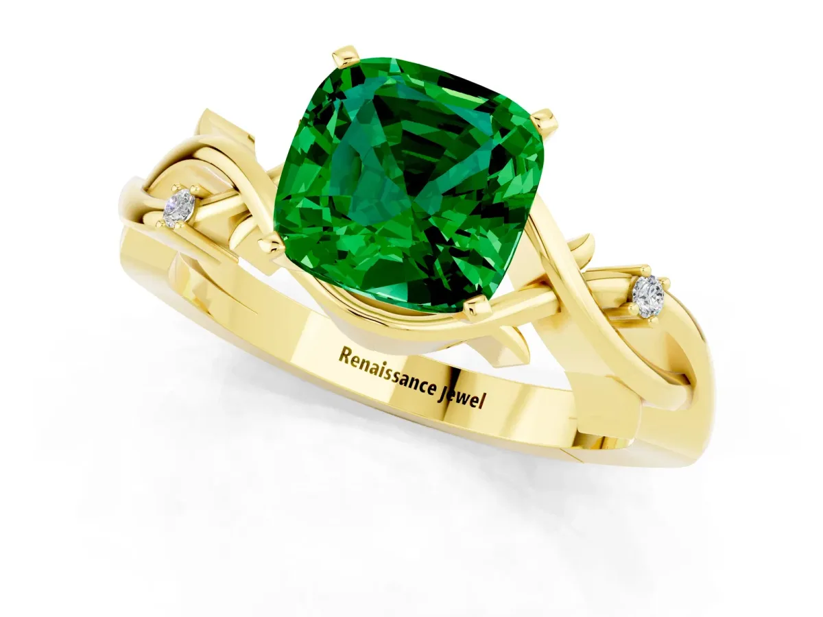 Cushion Cut Emerald Solitaire Ring with Twisted Band and Prong Setting Yellow gold