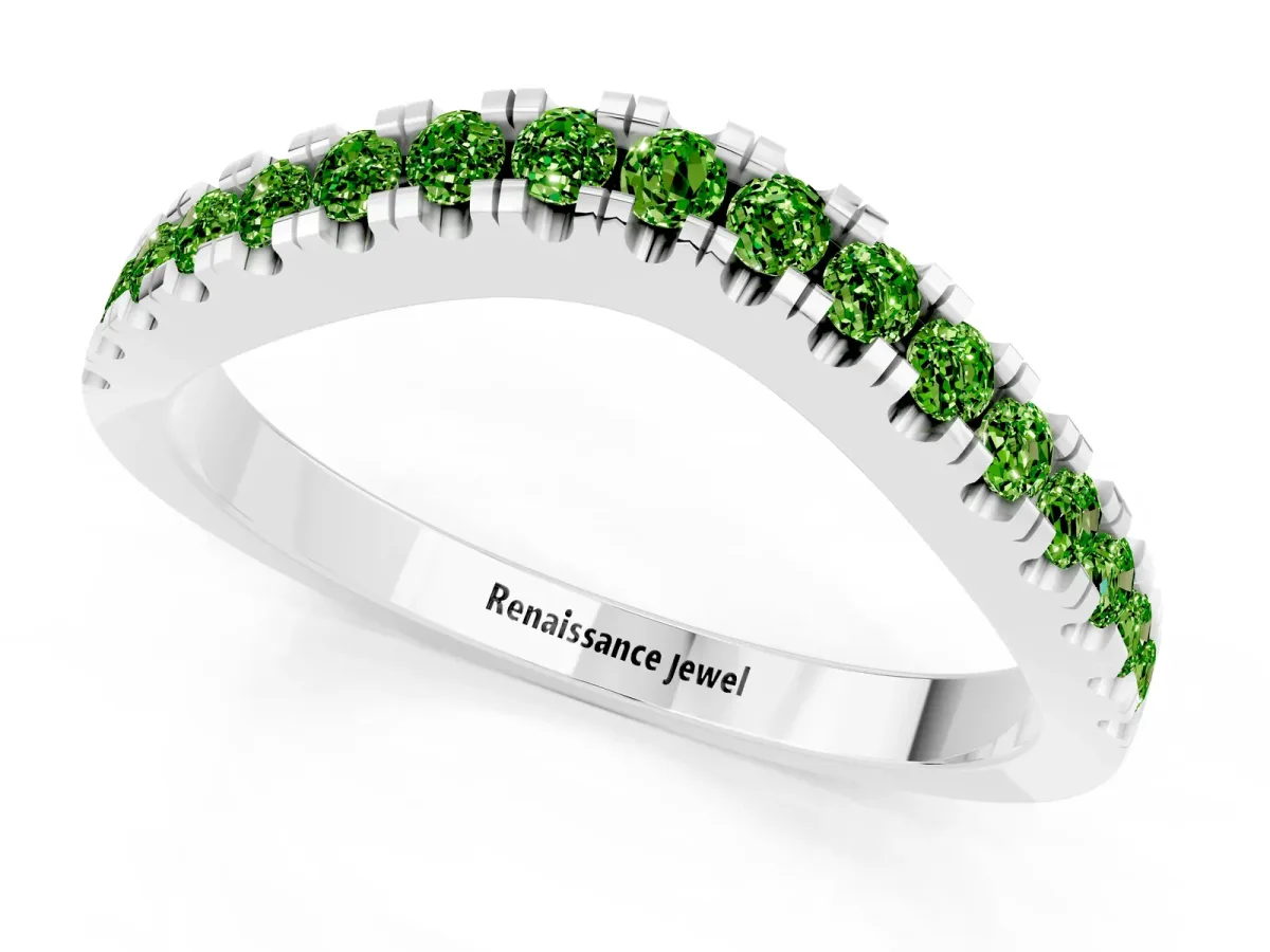 Round Peridot Pavé Curved Band with Shared Prong Setting Platinum