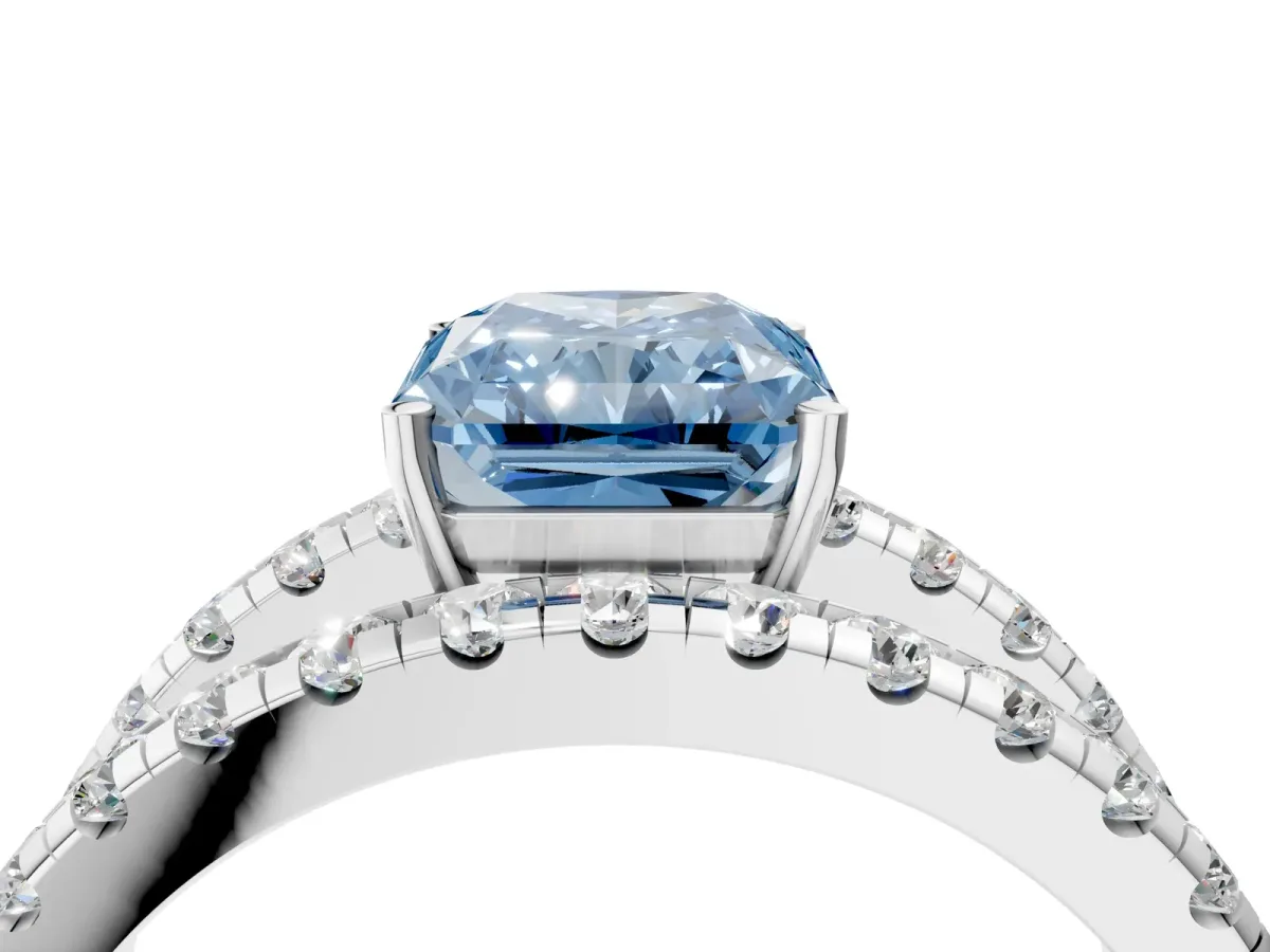 Fancy Blue Radiant Cut Solitaire Split Shank Pave Diamond Ring Platinum