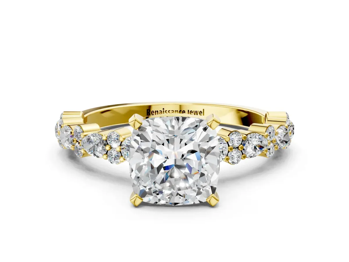 Cushion Cut Diamond Side Stone Solitaire Ring with Round and Four-Prong Setting Yellow gold