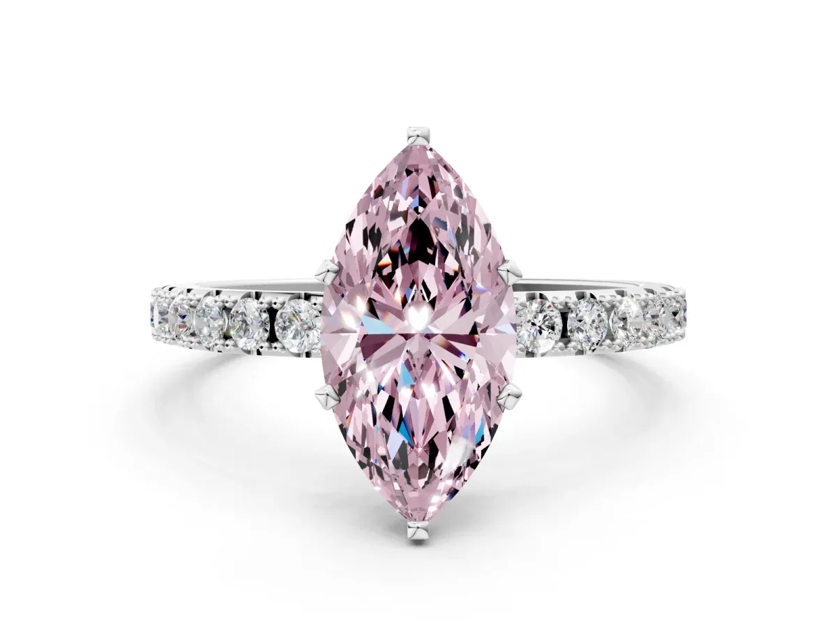 Fancy Pink Marquise Cut Diamond Solitaire Pavé Band with Four-Prong Setting Silver