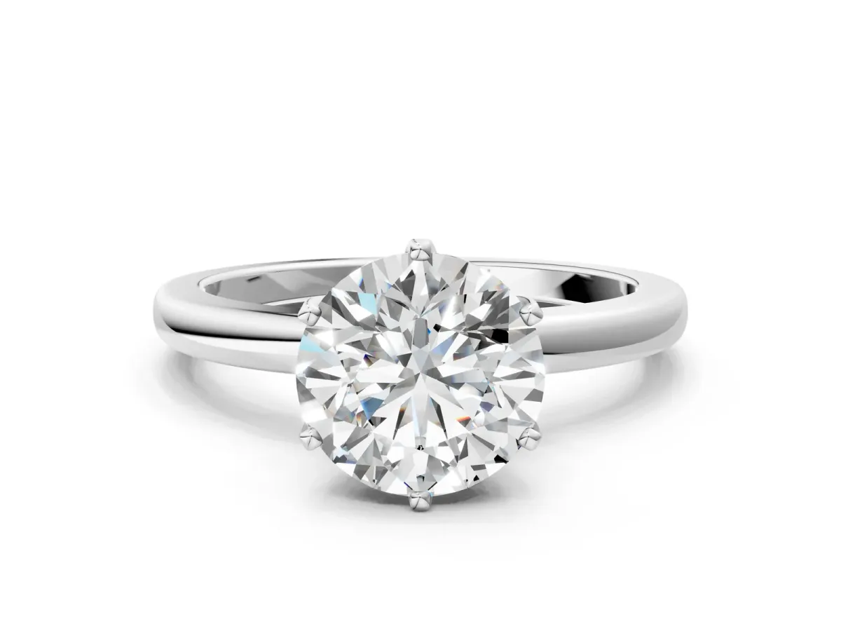 Round Cut Solitaire Diamond Ring with Six-Prong Setting on a Classic Band White gold