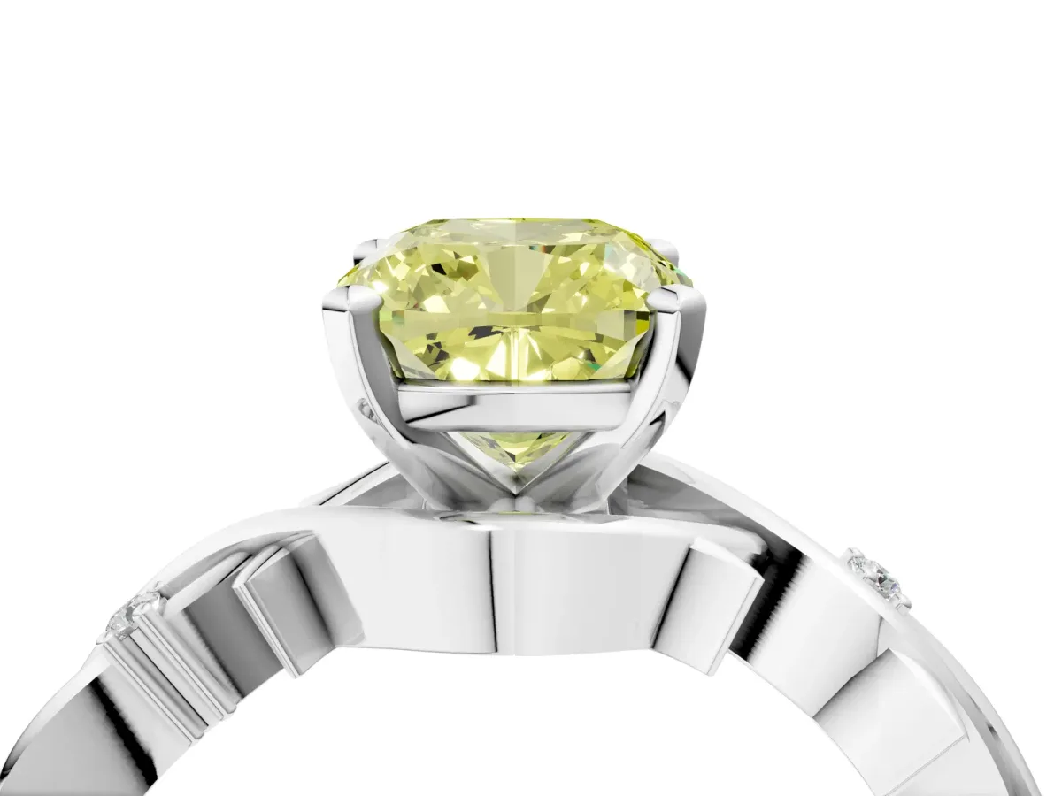 Fancy Yellow Cushion Cut Diamond Solitaire Ring with Twisted Band and Prong Setting Platinum