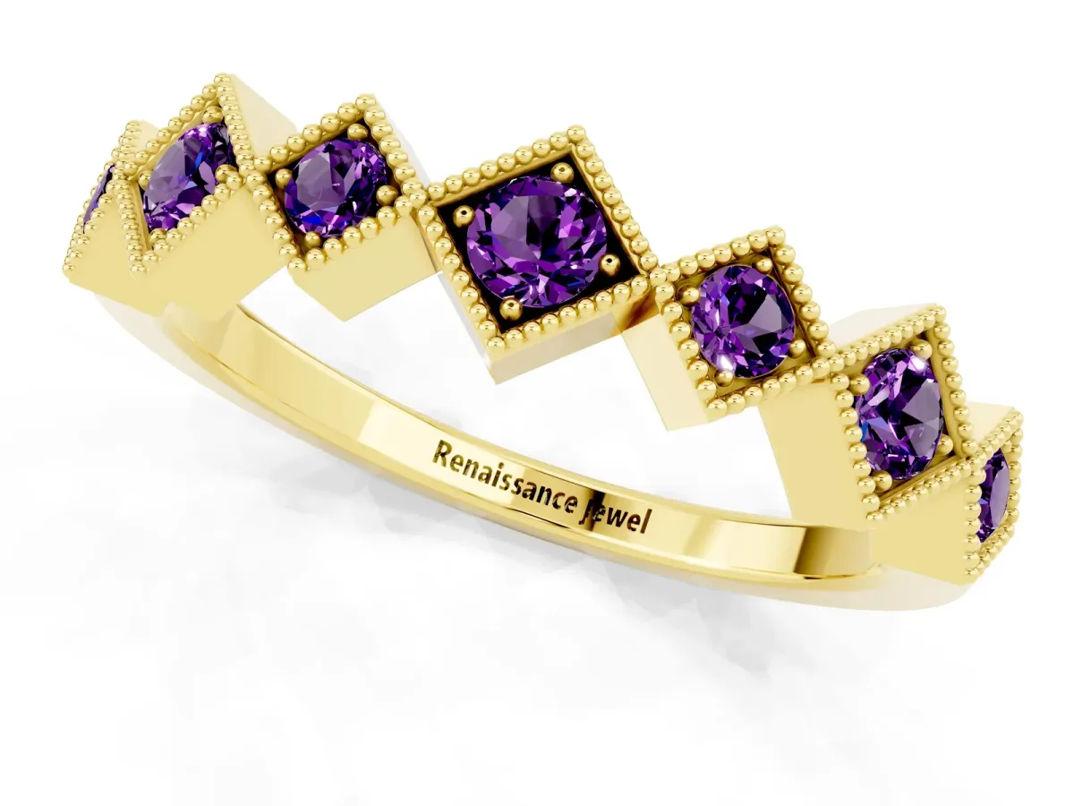 Milgrain Square Bezel Round Amethyst Chevron Band Yellow gold