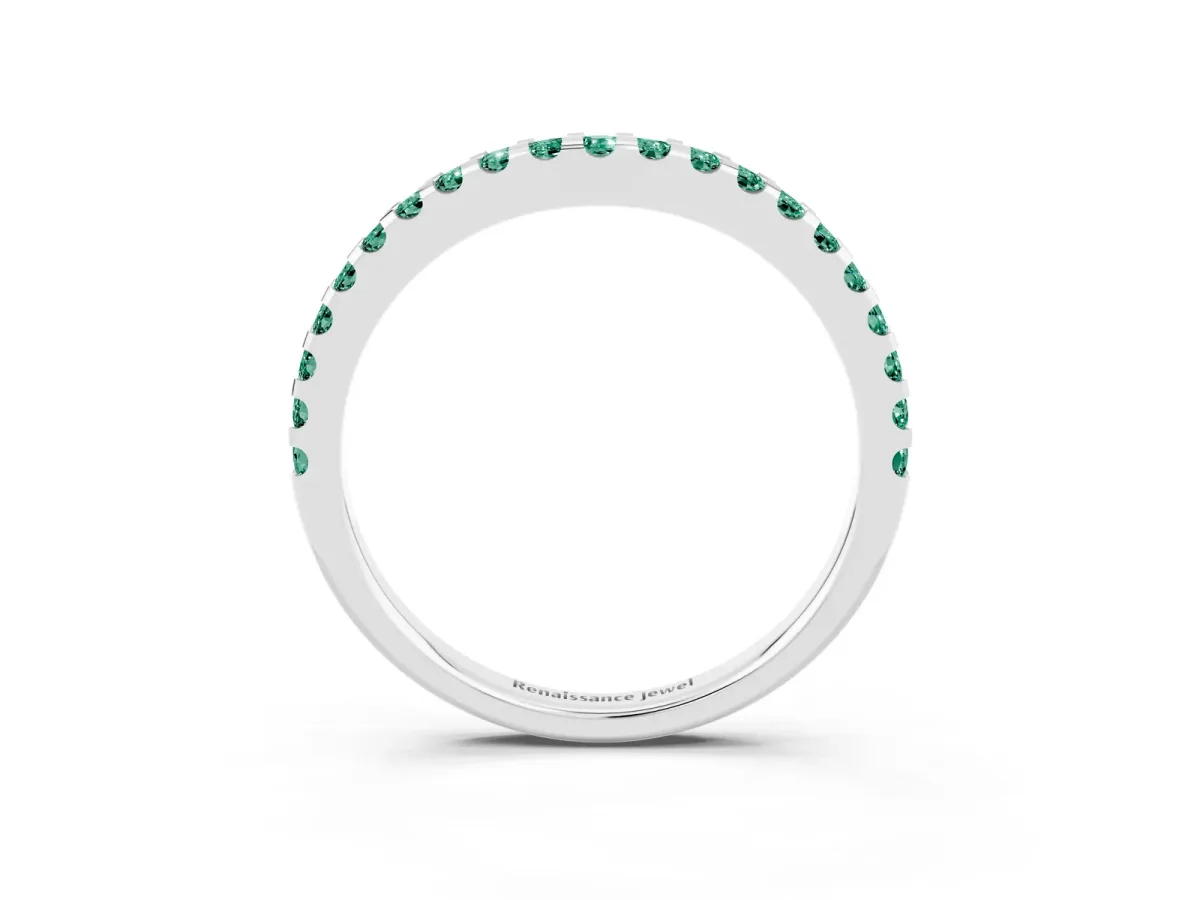 Round Green Sapphire Pavé Curved Wedding Band Silver