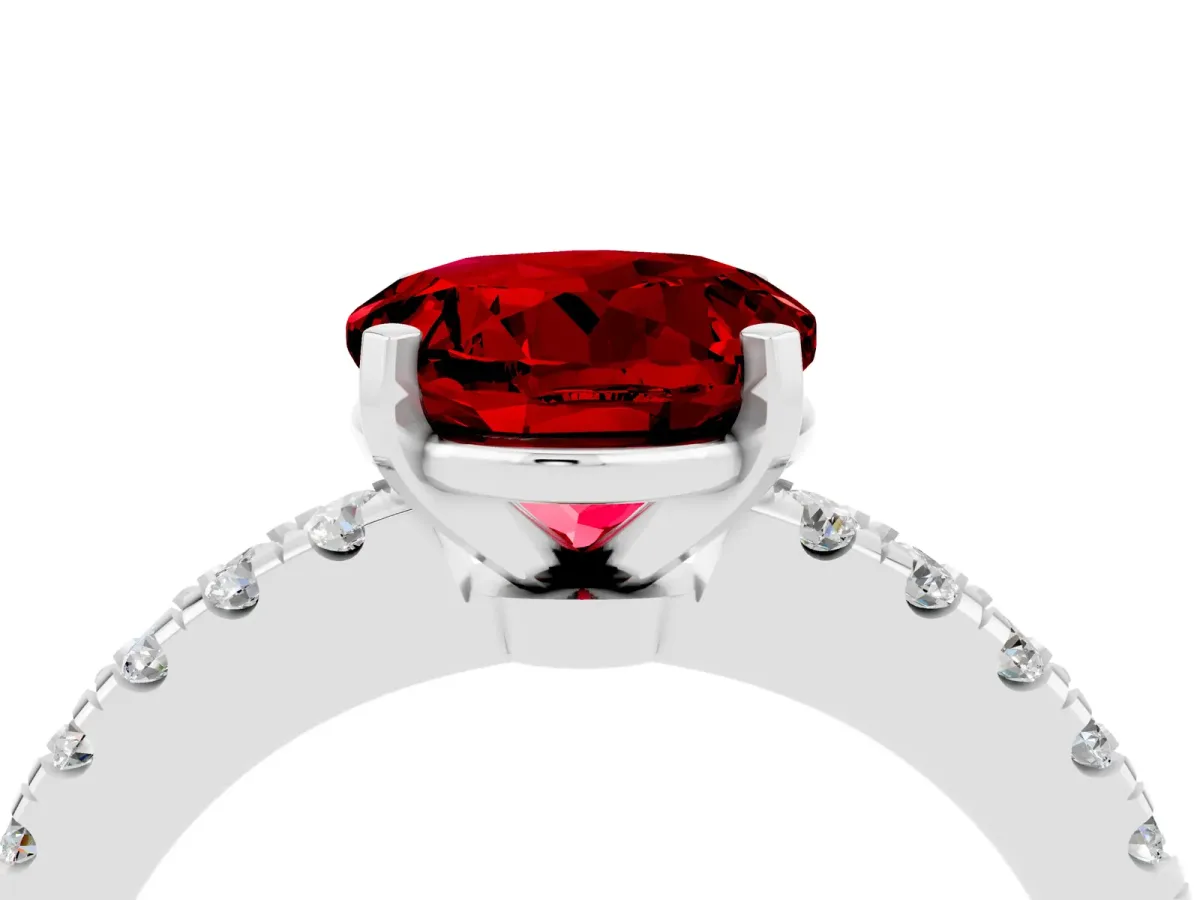 Round Cut Solitaire Ruby with Pavé Band and Four-Prong Setting Silver
