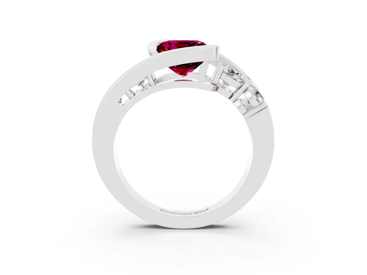 Bezel Set Cushion Cut Garnet Bypass Ring with Round Accents Platinum