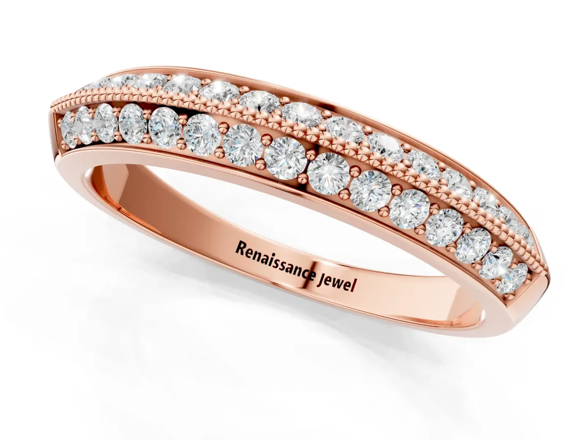 Double Row Pavé Round Diamond White Gold Band with Shared Prong Setting Rose gold