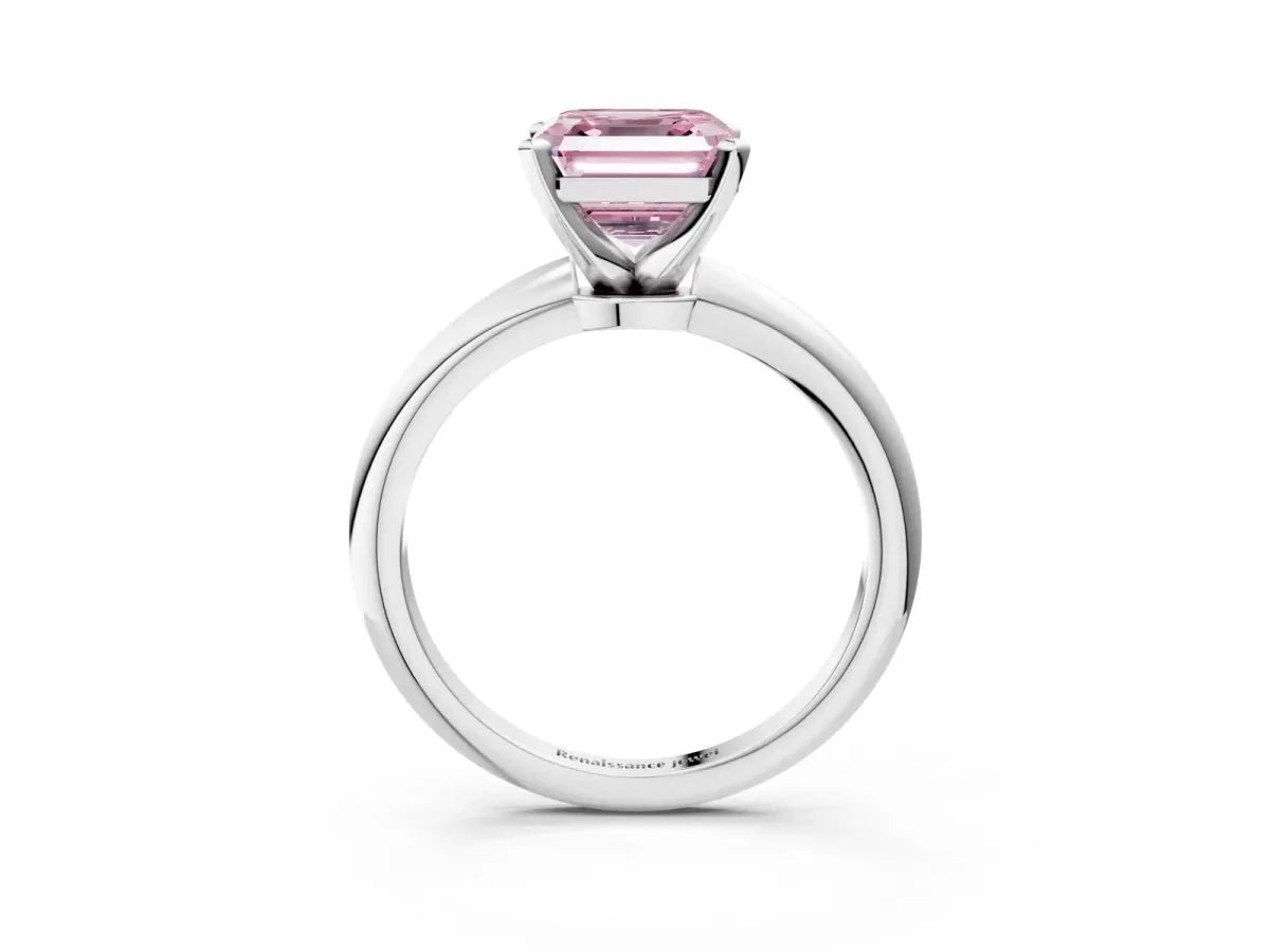 Fancy Pink Asscher Cut Diamond Solitaire Ring with Six-Prong Setting and Classic Band Silver
