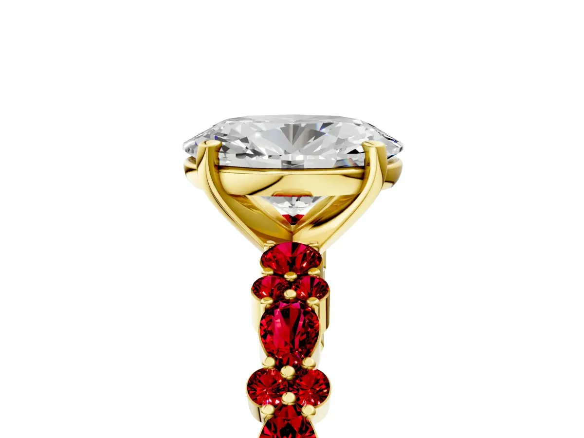 Oval Cut Diamond Side Stone Solitaire Ring with Round Ruby and Four-Prong Setting Yellow gold