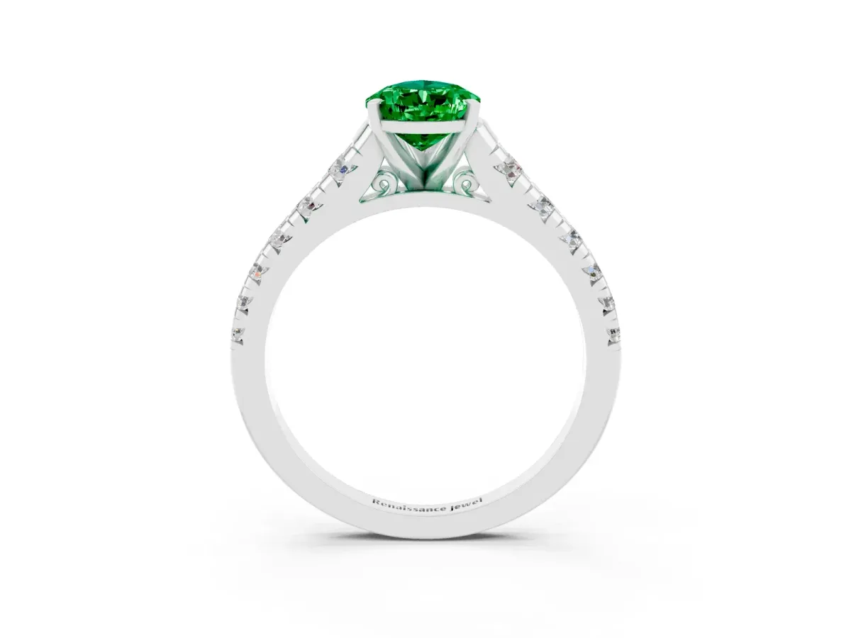 Pear Cut Emerald Cathedral Solitaire Ring with Round Pavé Band Silver