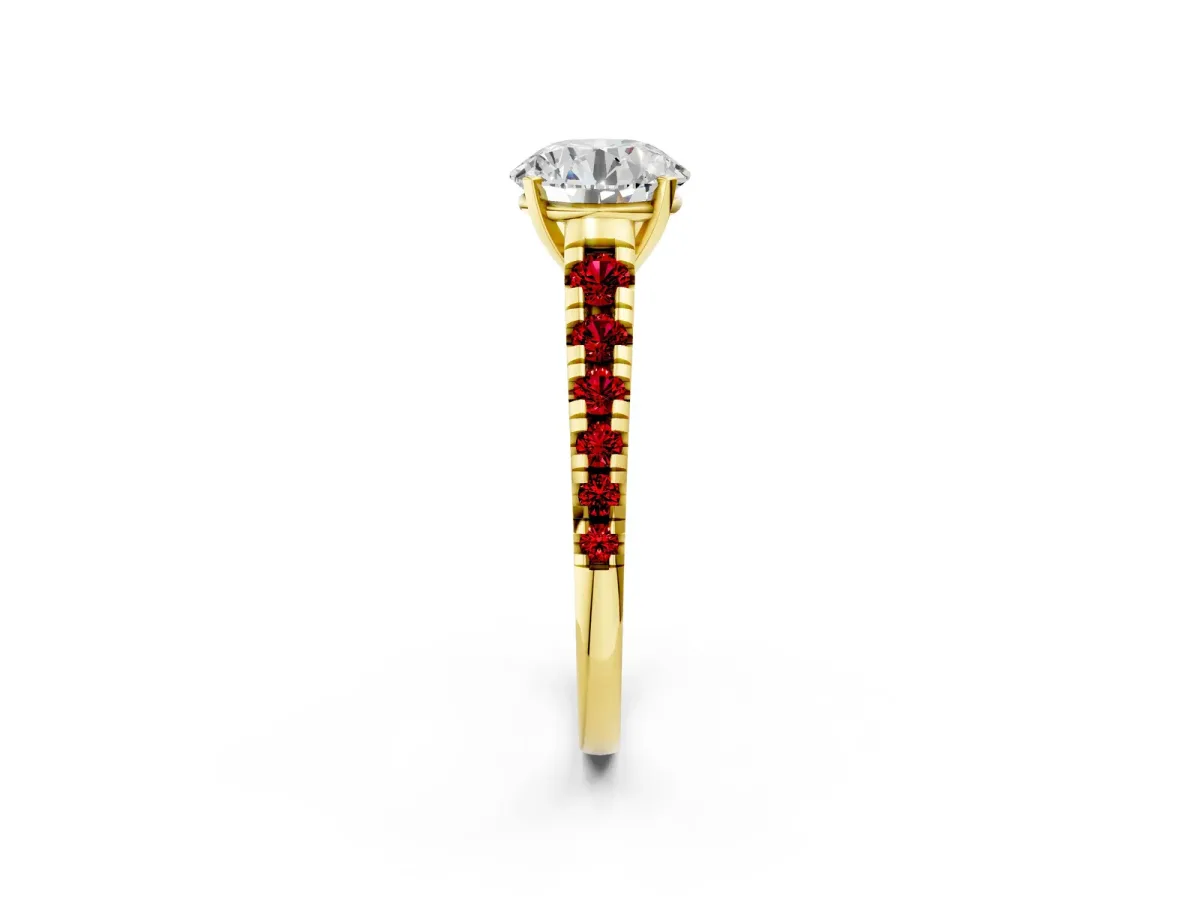 Round Cut Diamond Cathedral Solitaire Ring with Round Ruby Pavé Band Yellow gold
