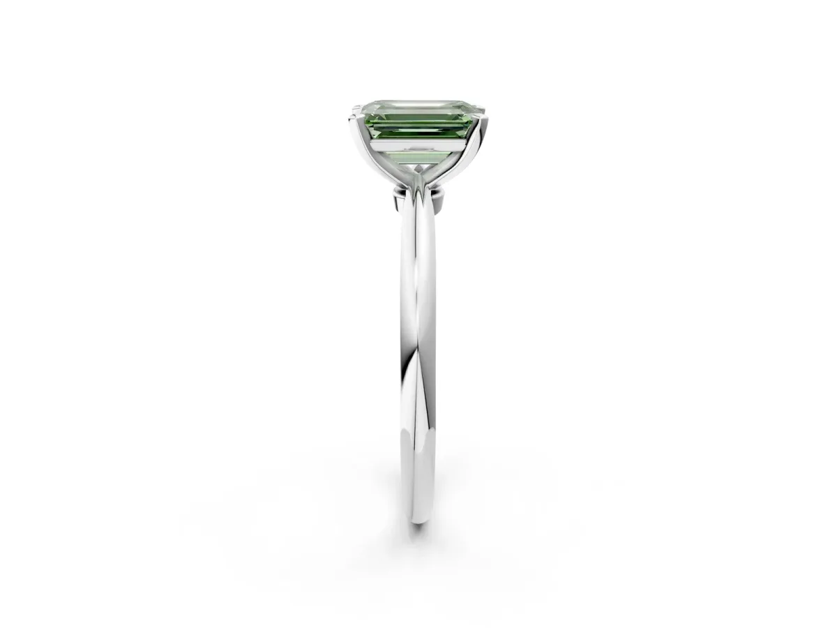 Fancy Green Emerald Cut Diamond Solitaire Ring with Six-Prong Setting and Classic Band Silver