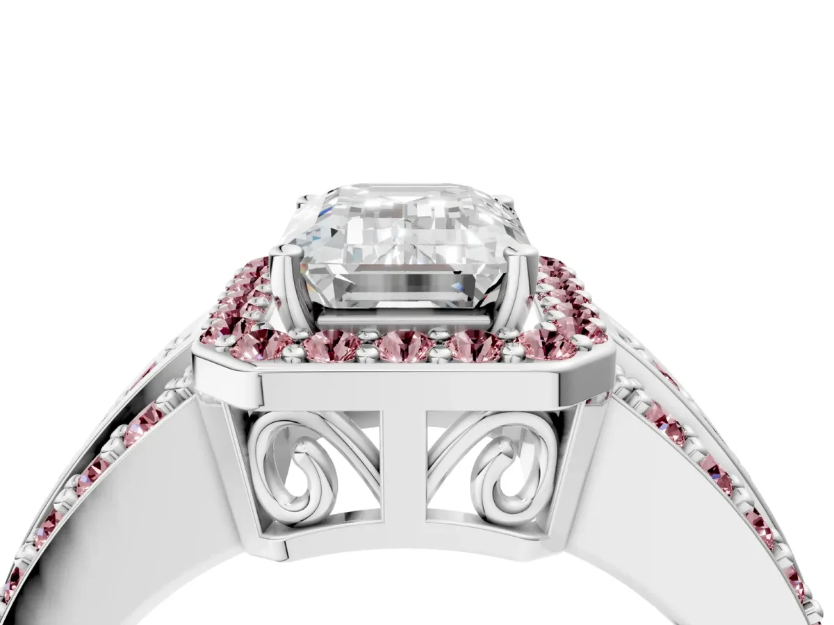 Emerald Cut Halo Diamond Ring with Round Morganite Split Shank and Prong Setting White gold
