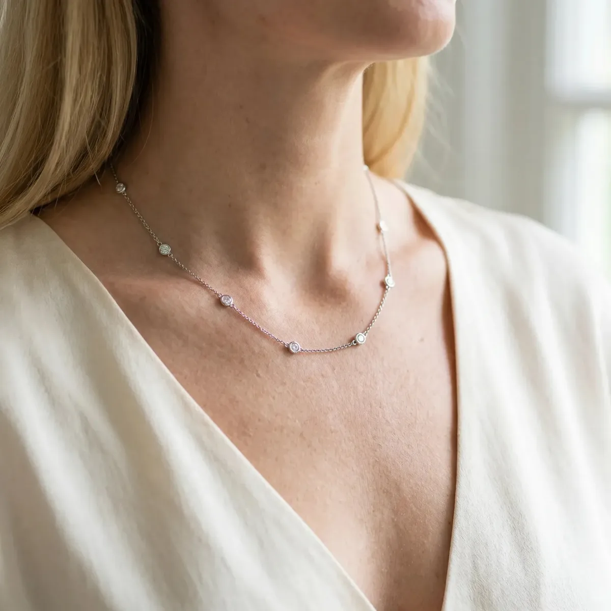 Bezel-Set Round Diamond Station Necklace with Cable Chain Silver