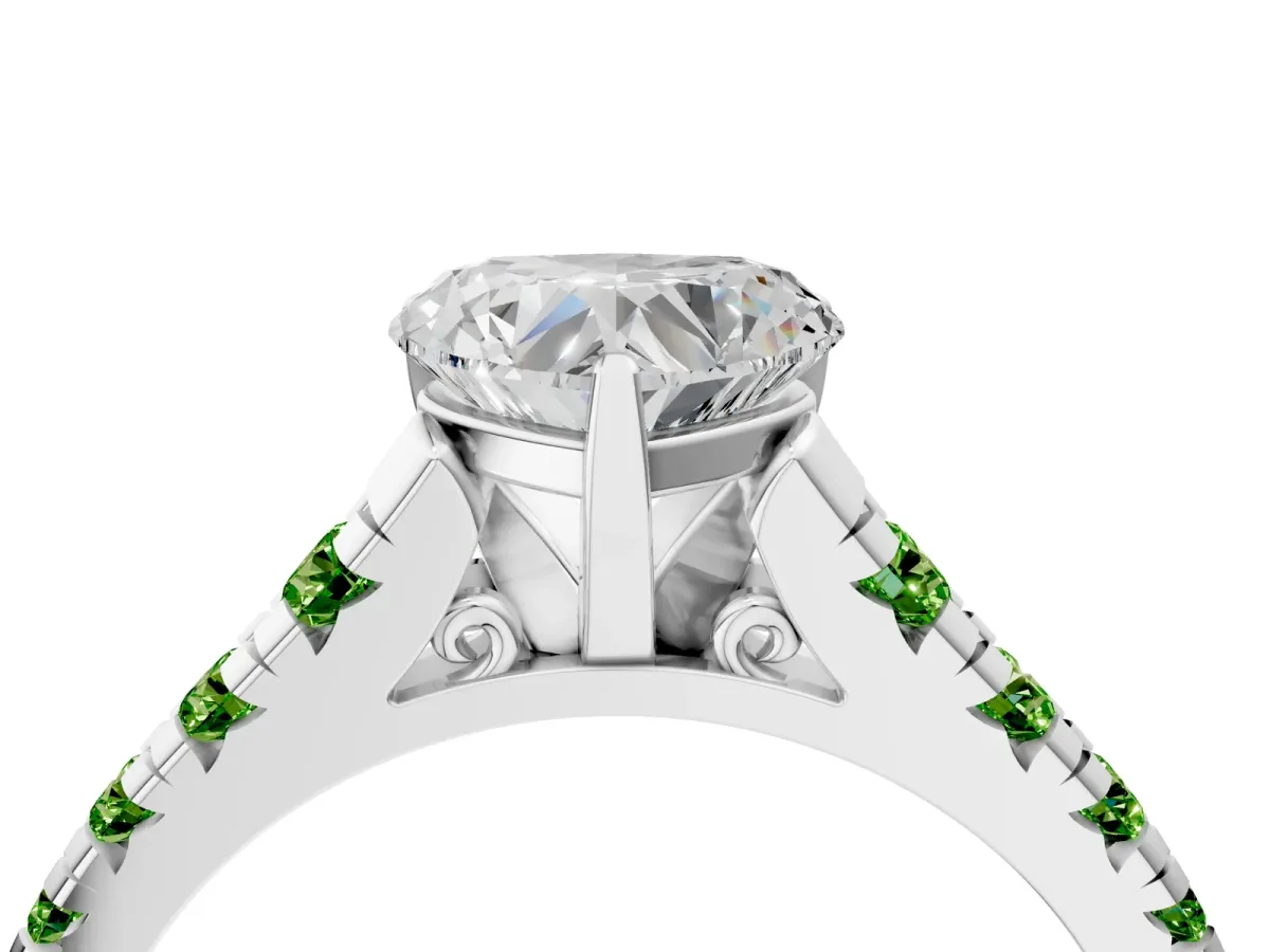 Heart Cut Diamond Cathedral Solitaire Ring with Round Peridot Pavé Band Silver