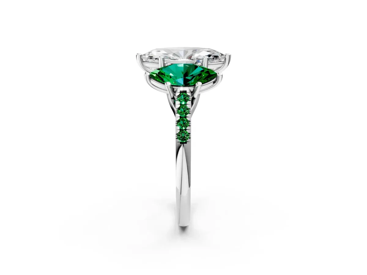 Three-Stone Marquise Cut Diamond Ring with Round Emerald Pavé Band and Prong Setting Silver