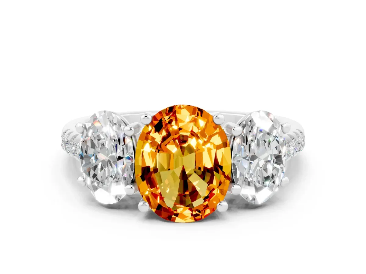 Three-Stone Oval Cut Citrine Ring with Round Pavé Band and Prong Setting Silver