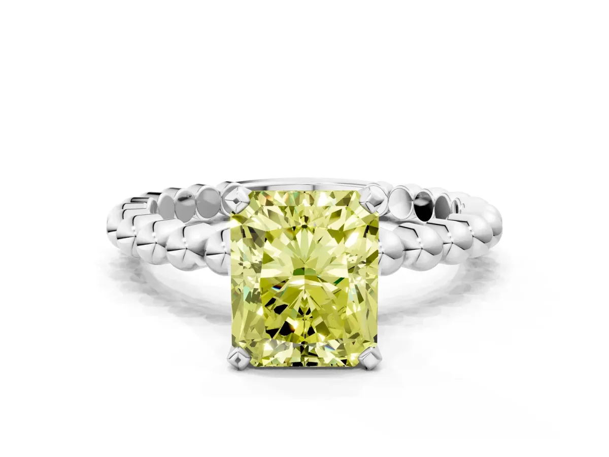 Fancy Yellow Radiant Cut Diamond Solitaire Ring with Beaded Band and Prong Setting Silver