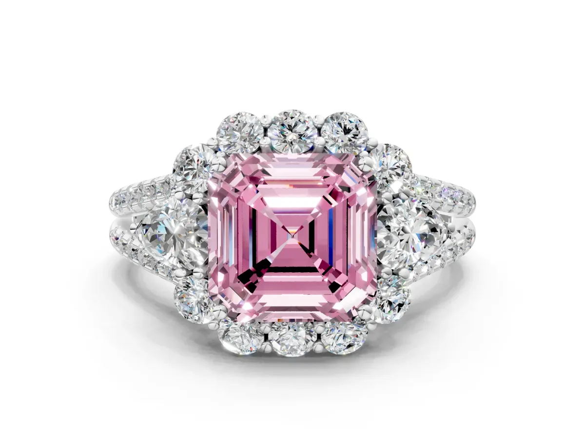 Fancy Pink Asscher Cut Halo Split Shank Diamond Engagement Ring with Prong Setting Platinum