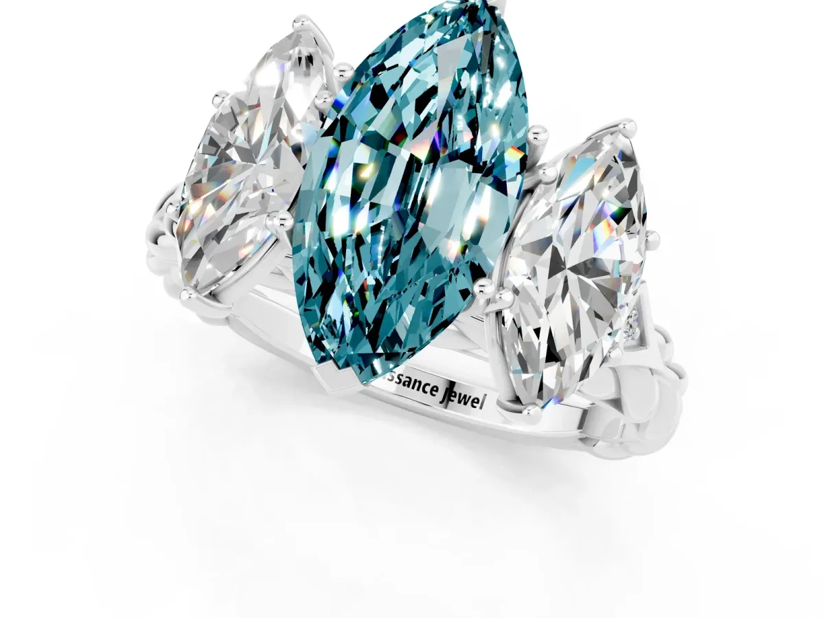 Three-Stone Marquise Cut Blue Topaz Braided Band Ring with Four-Prong Setting Platinum