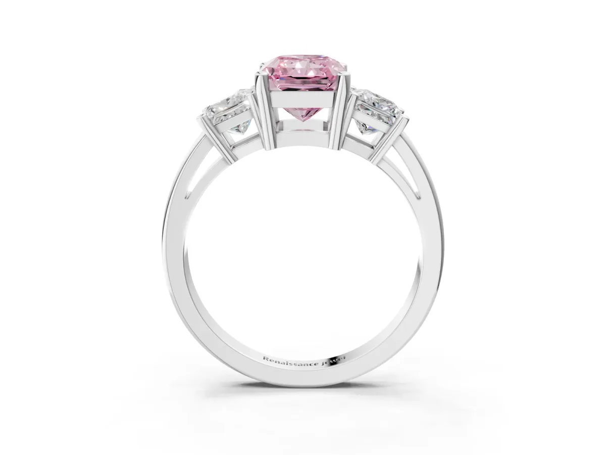 Fancy Pink Three-Stone Radiant Cut Cut Solitaire Ring with Prong Setting Platinum