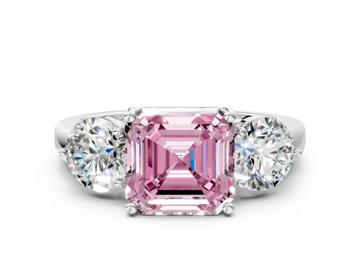 Fancy Pink Asscher Cut Diamond Three-Stone Ring with Prong Setting and Classic Band Platinum