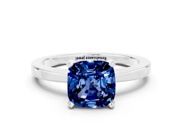 Cushion Cut Blue Sapphire Solitaire Engagement Ring with Classic Band and Four-Prong Setting Silver