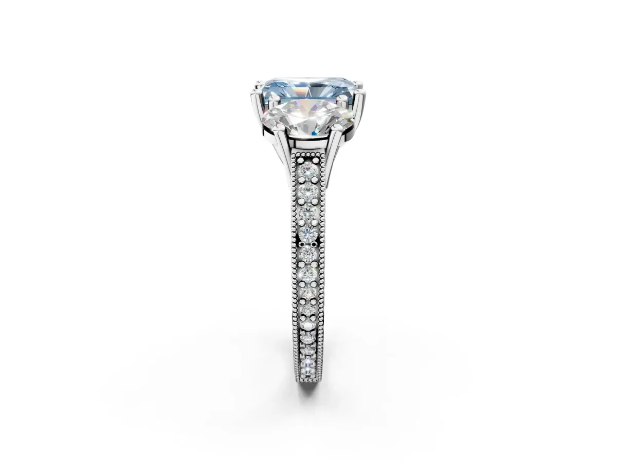 Fancy Blue Three-Stone Radiant Cut Diamond Milgrain Pave Band with Prong Setting Platinum