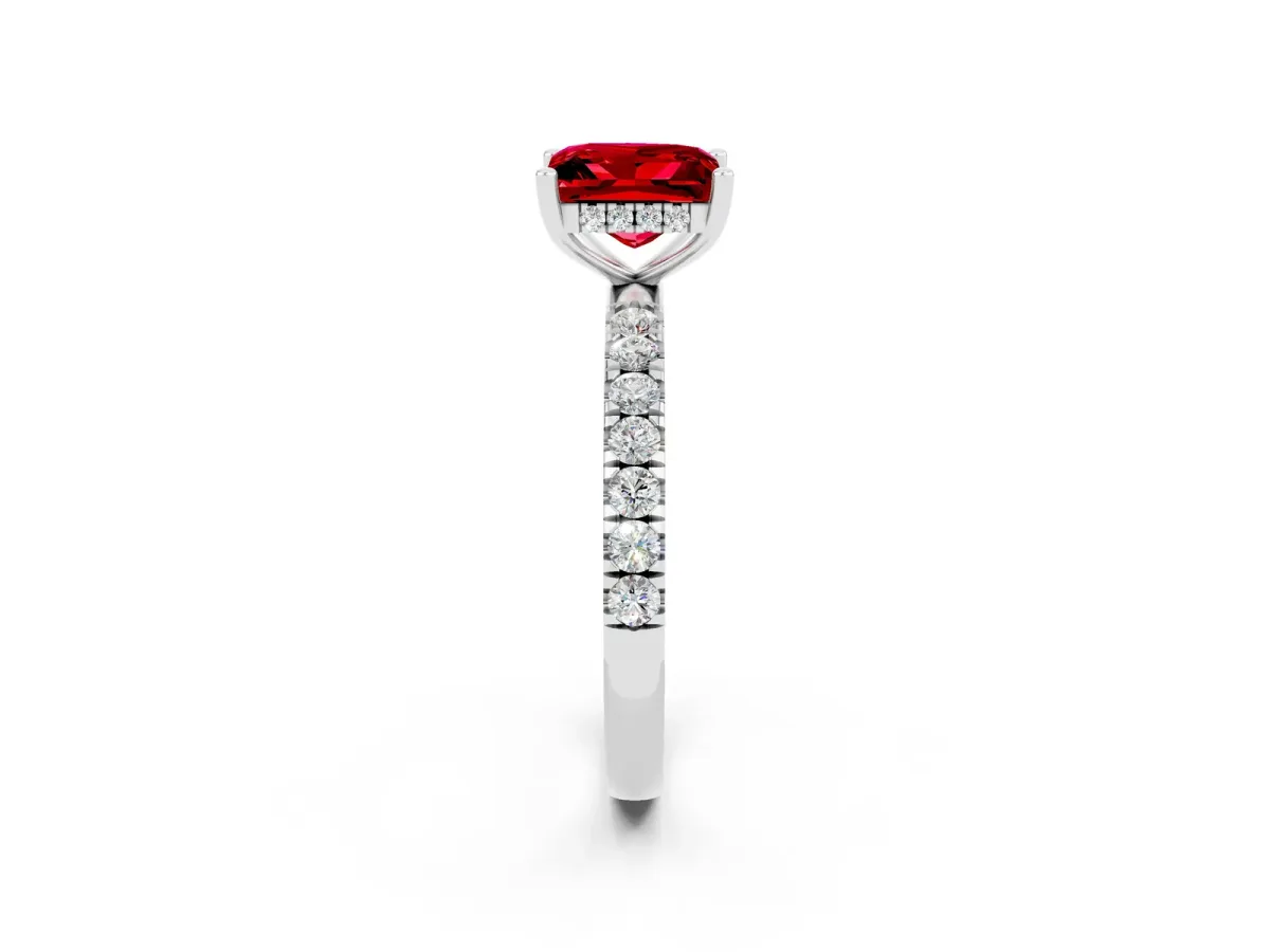 Princess Cut Ruby Pave Band Solitaire Ring with Round and Prong Setting Platinum