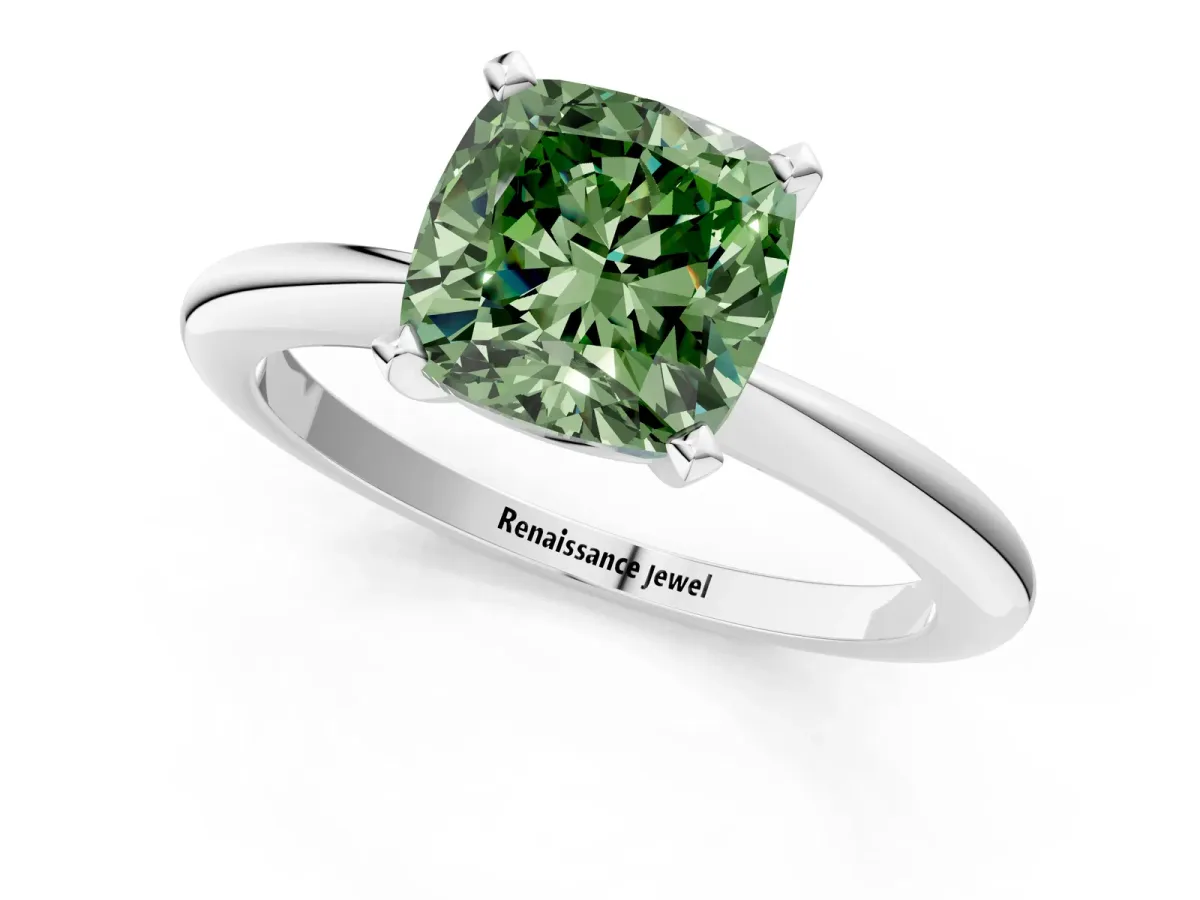 Fancy Green Cushion Cut Diamond Solitaire Ring with Six-Prong Setting and Classic Band Silver
