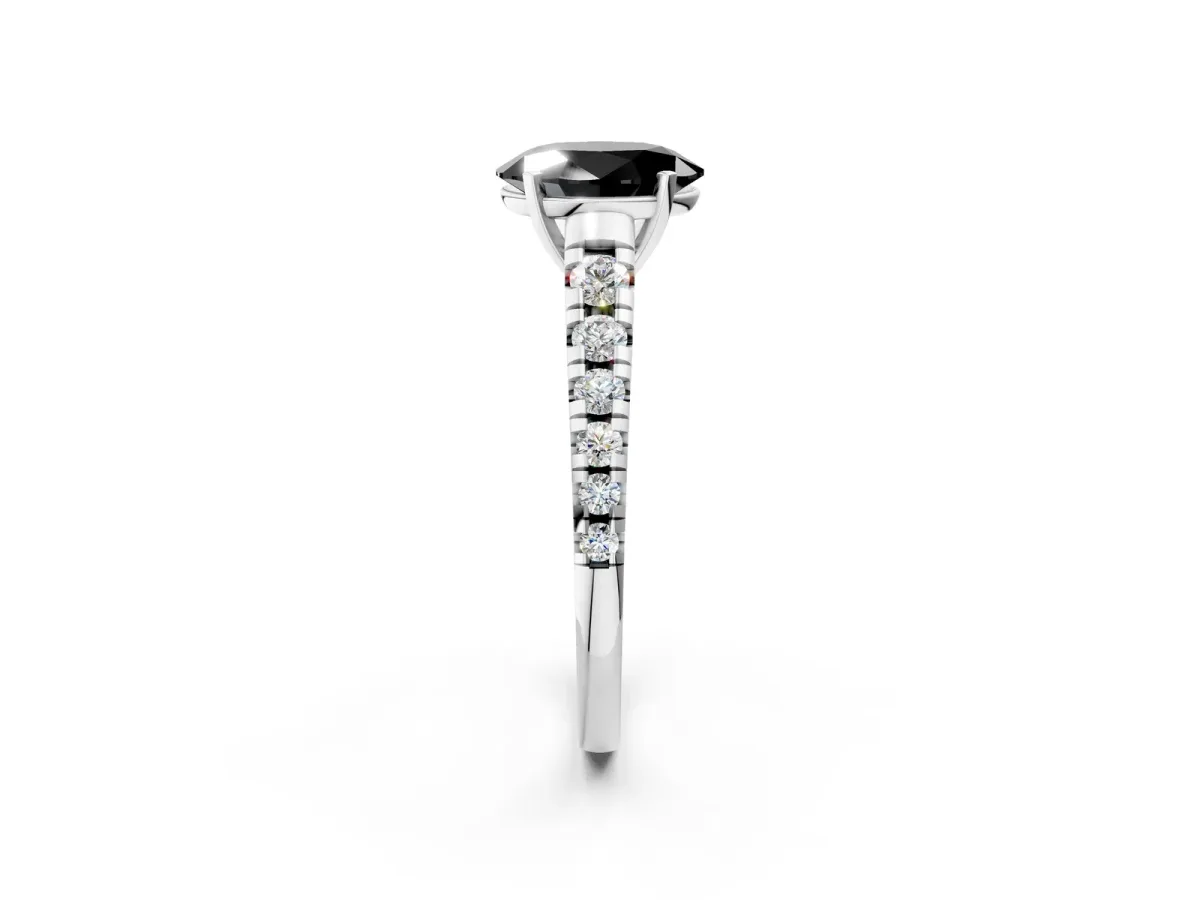 Fancy Black Oval Cut Diamond Cathedral Solitaire Ring with Round Pavé Band Silver